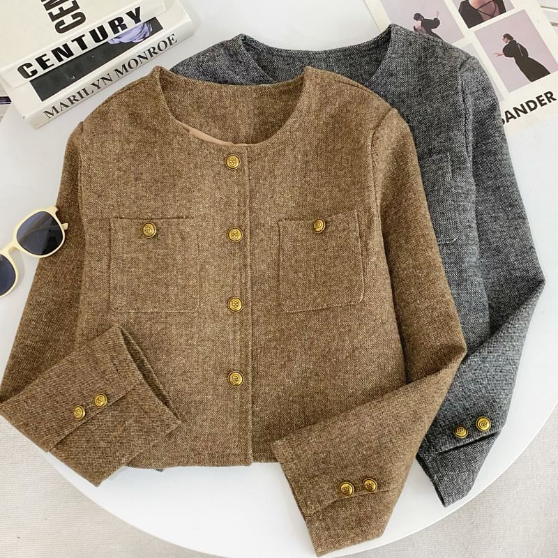 Round Neck Melange Tweed Button Jacket