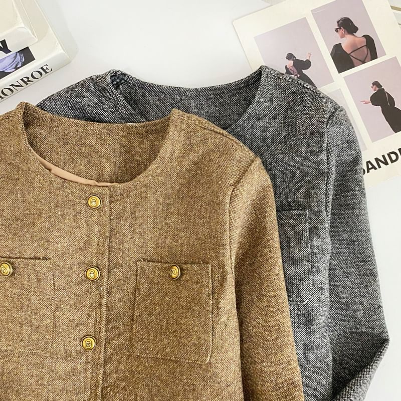 Round Neck Melange Tweed Button Jacket