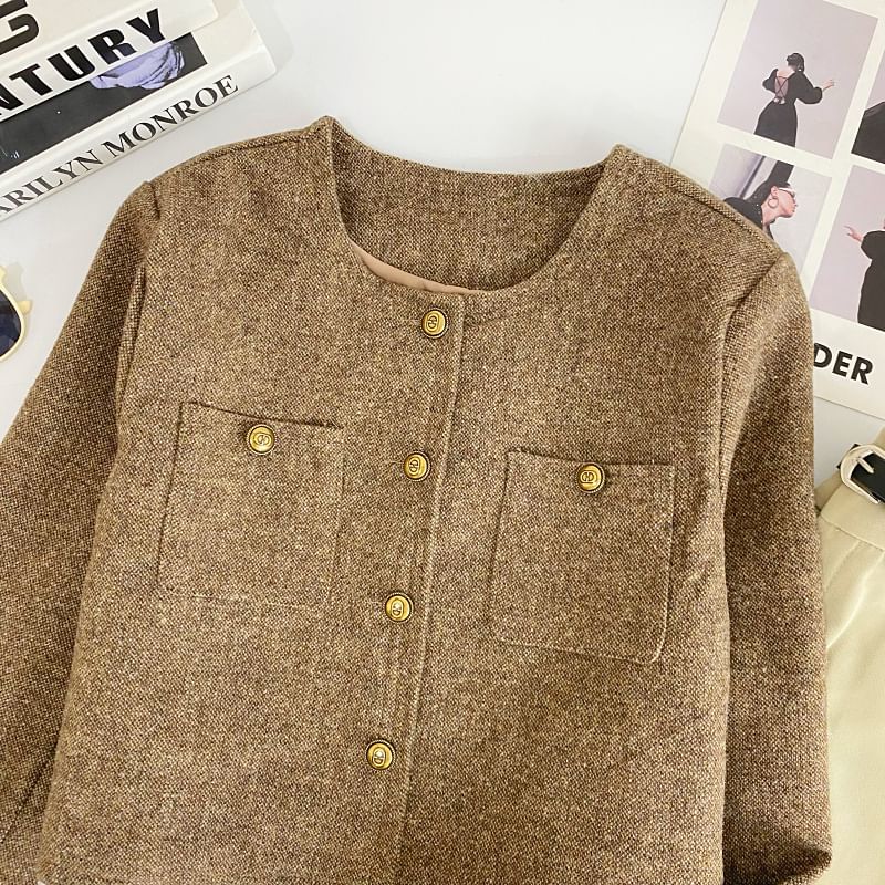 Round Neck Melange Tweed Button Jacket