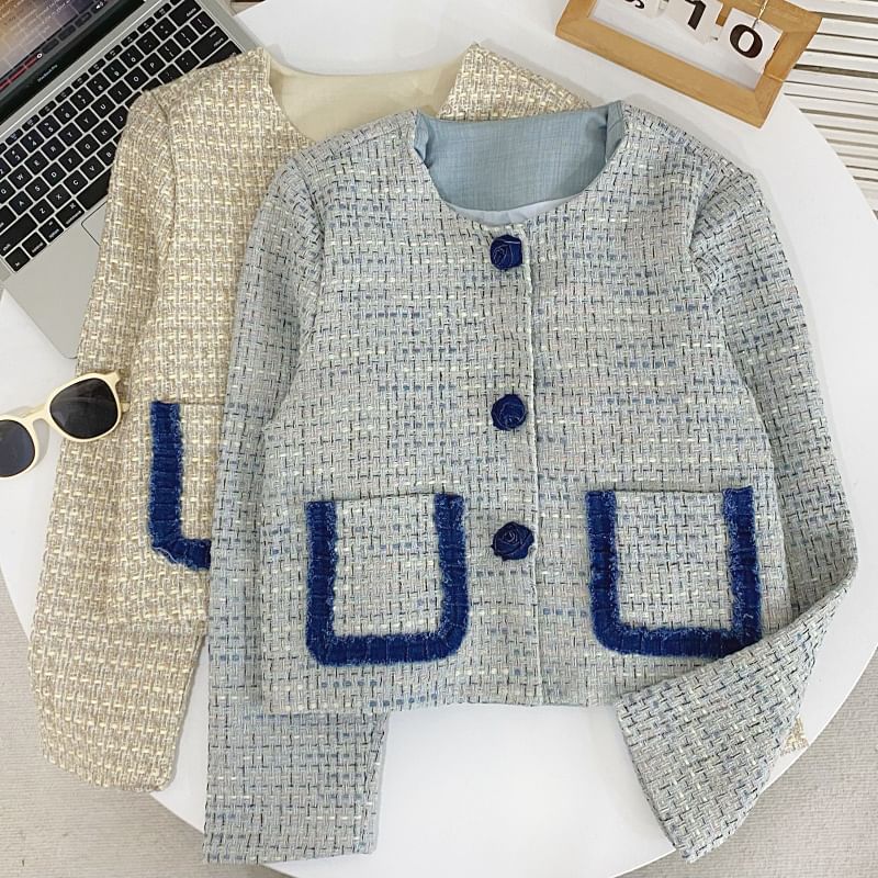 Round Neck Contrast Trim Tweed Rose Button Jacket