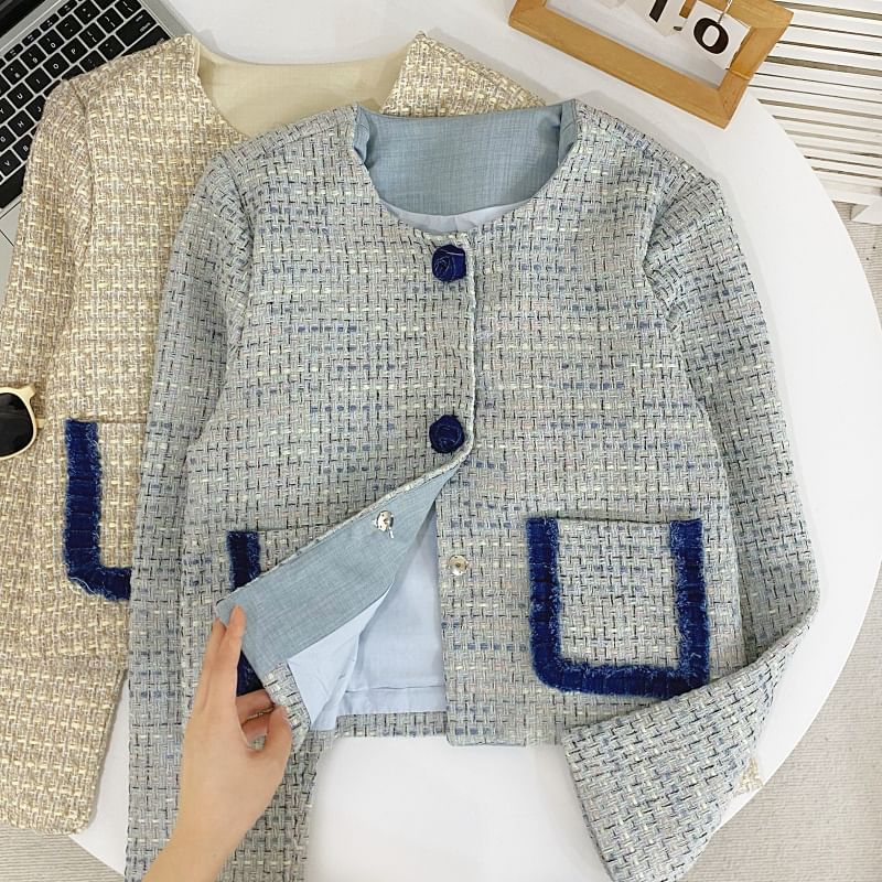 Round Neck Contrast Trim Tweed Rose Button Jacket