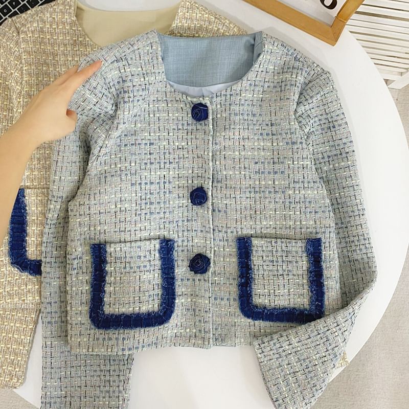 Round Neck Contrast Trim Tweed Rose Button Jacket