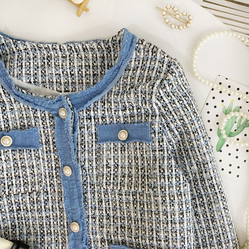 Round Neck Plaid Contrast Trim Tweed Button Jacket