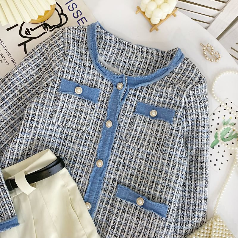 Round Neck Plaid Contrast Trim Tweed Button Jacket