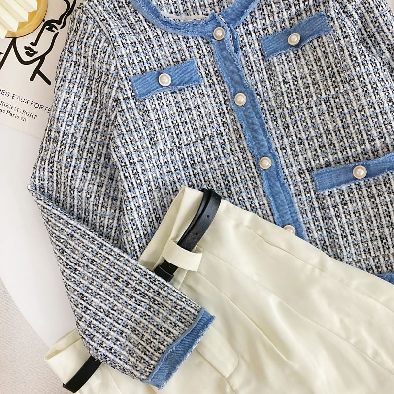 Round Neck Plaid Contrast Trim Tweed Button Jacket