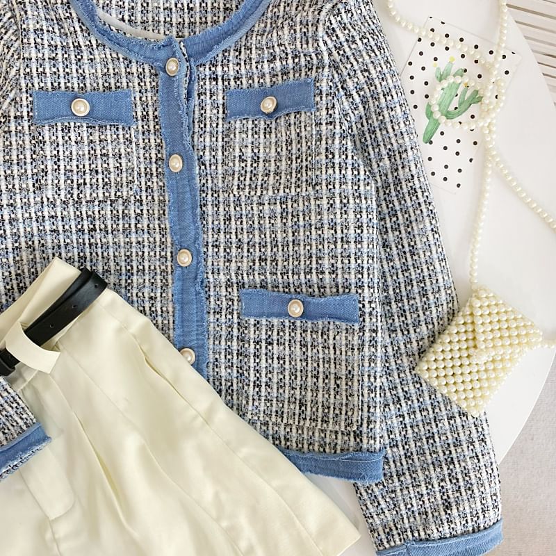 Round Neck Plaid Contrast Trim Tweed Button Jacket