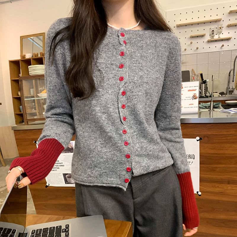 Asymmetric Two-Tone Button Front Cardigan