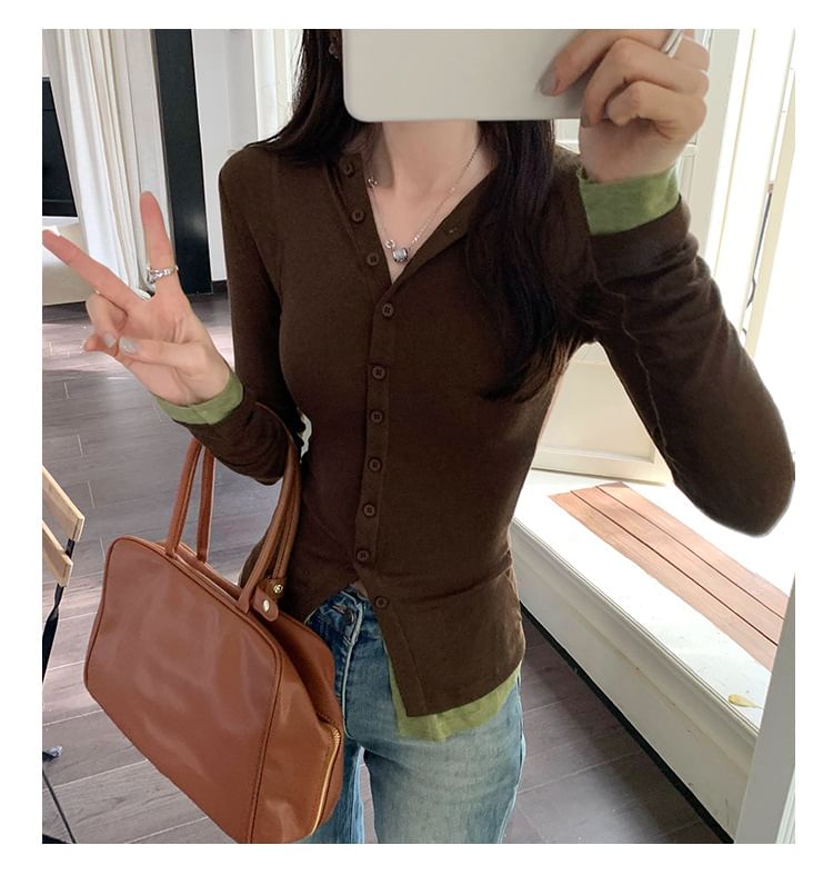 Two-Tone Mock Two-Piece Button Up Cardigan