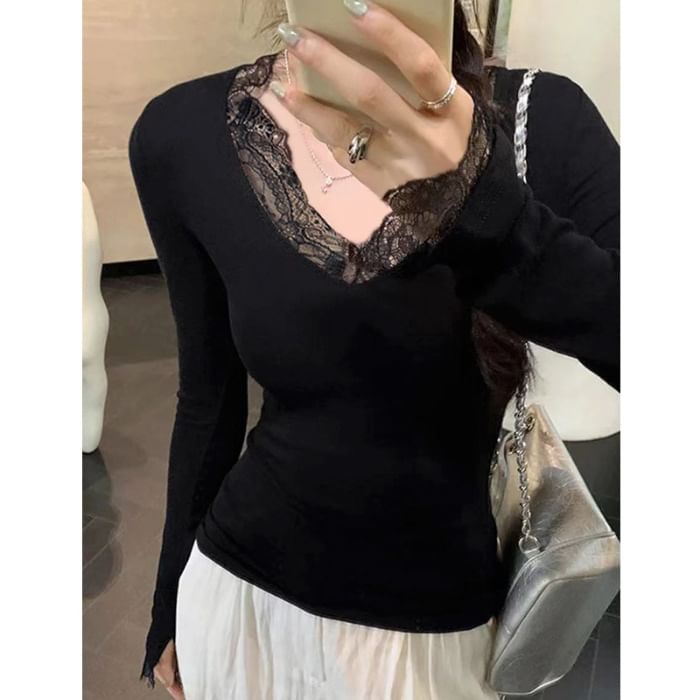 Lace-Trim V-Neck Slim Top