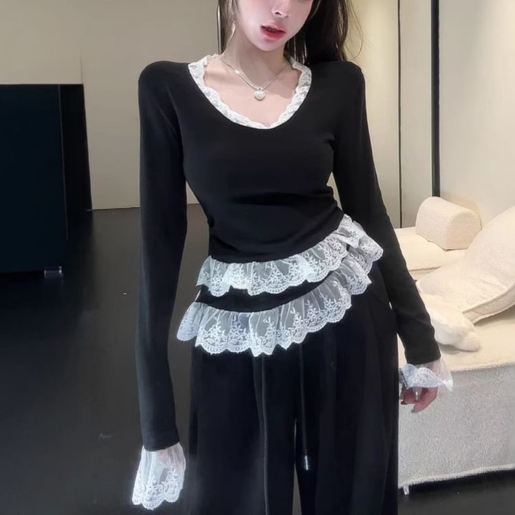 Layered Lace Panel Slim-Fit Top