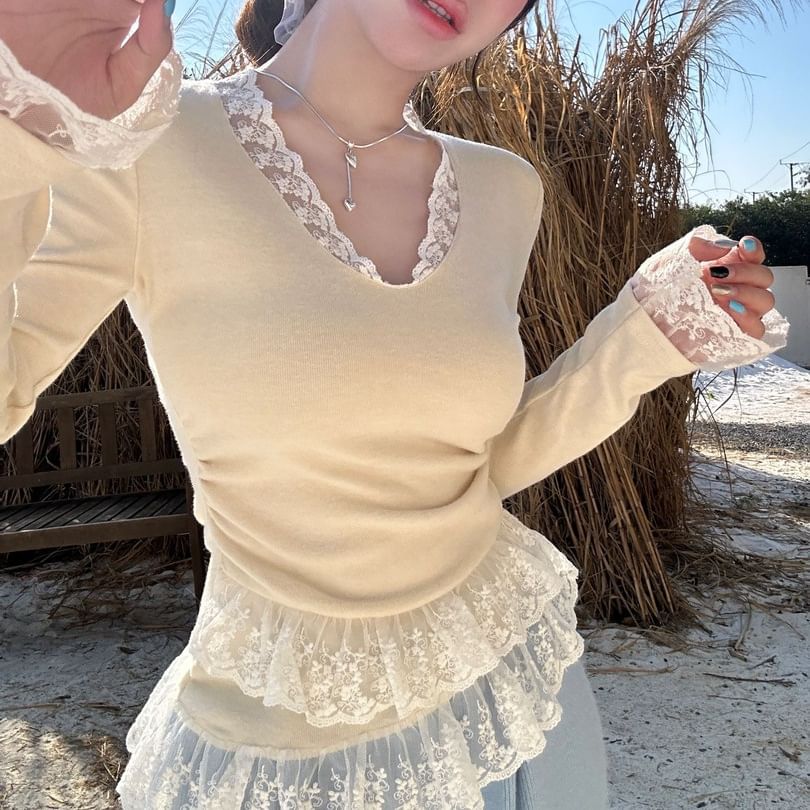 Layered Lace Panel Slim-Fit Top