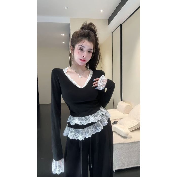 Layered Lace Panel Slim-Fit Top