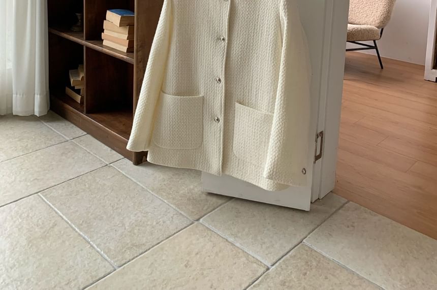 Round Neck Button-Up Tweed Coat