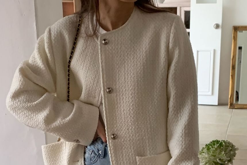 Round Neck Button-Up Tweed Coat