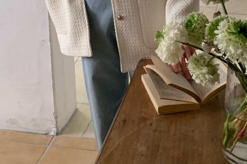 Round Neck Button-Up Tweed Coat