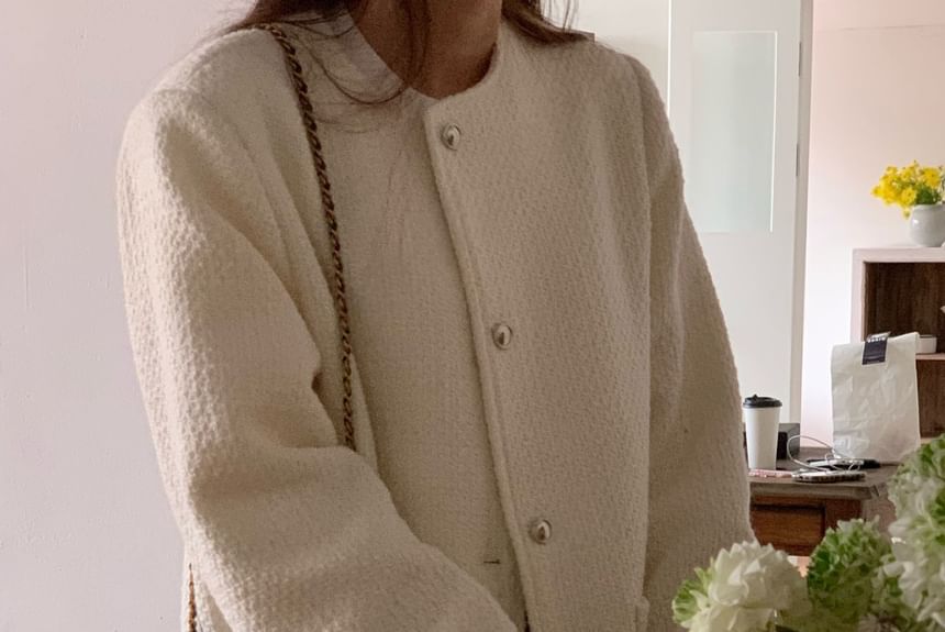 Round Neck Button-Up Tweed Coat