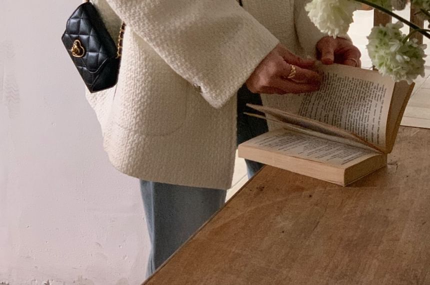 Round Neck Button-Up Tweed Coat