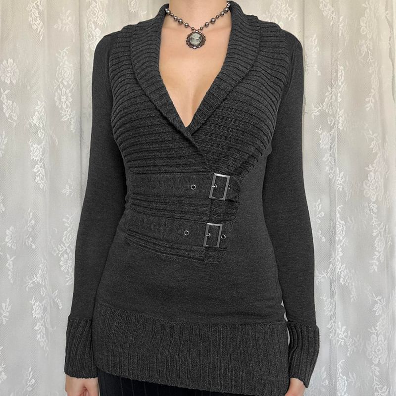 Plain V-Neck Up Cropped Buckle Sweater
