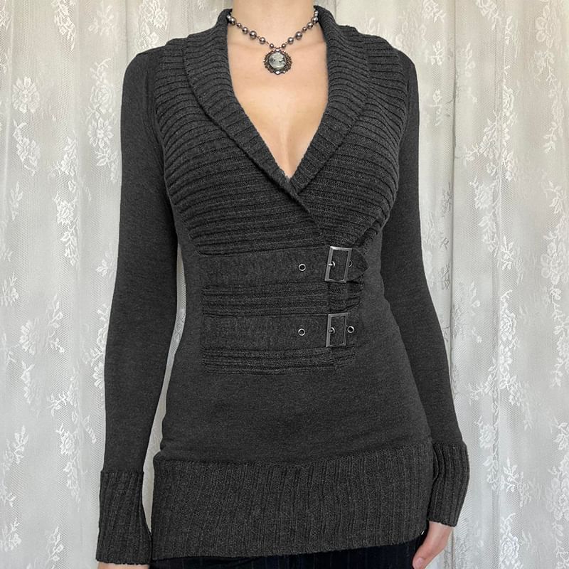 Plain V-Neck Up Cropped Buckle Sweater