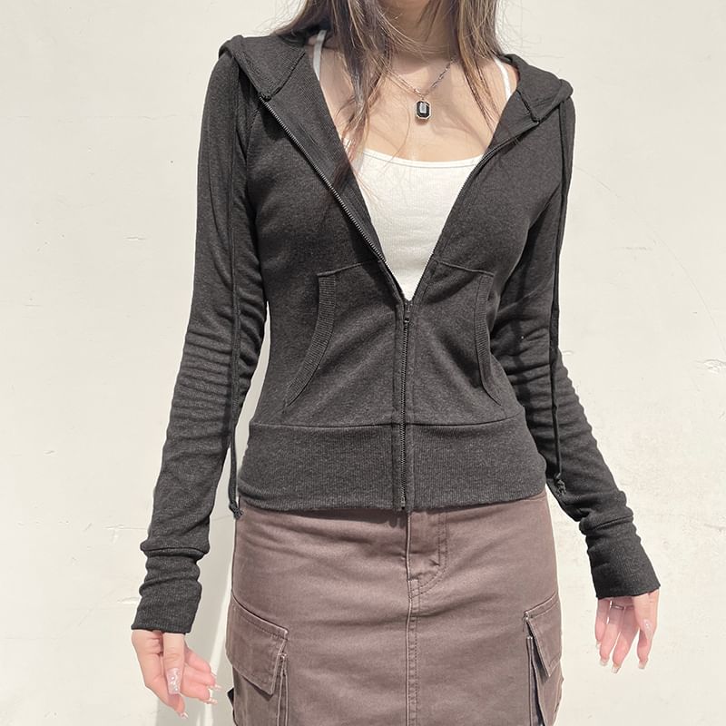 Plain Drawstring Zip Hoodie Up