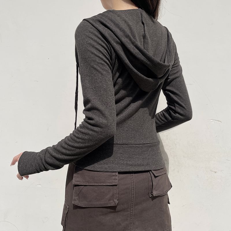 Plain Drawstring Zip Hoodie Up