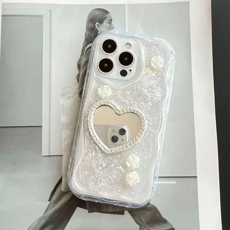 Pearl Case Set Strap Faux Mirrored Phone / Heart