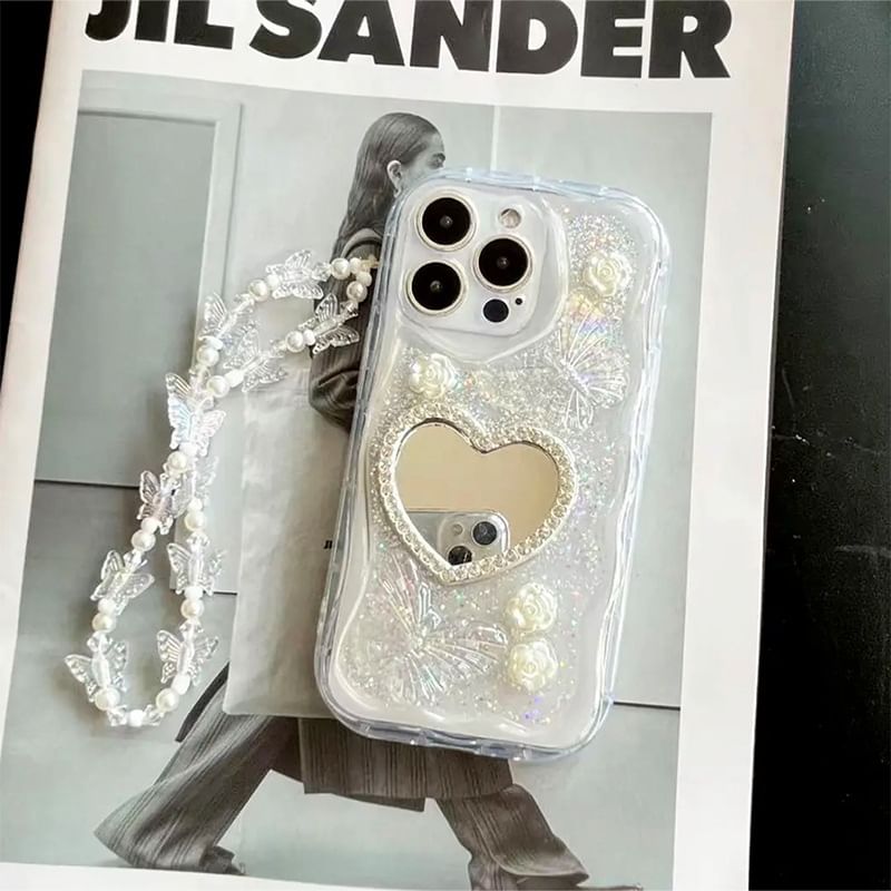 Pearl Case Set Strap Faux Mirrored Phone / Heart