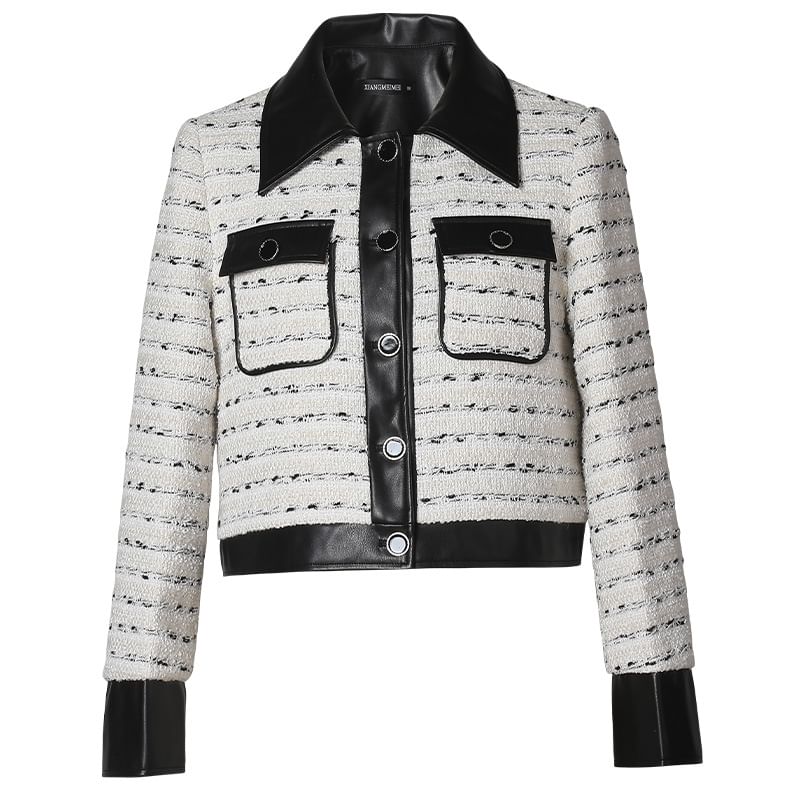 Collared Tweed Panel Faux Leather Button Jacket