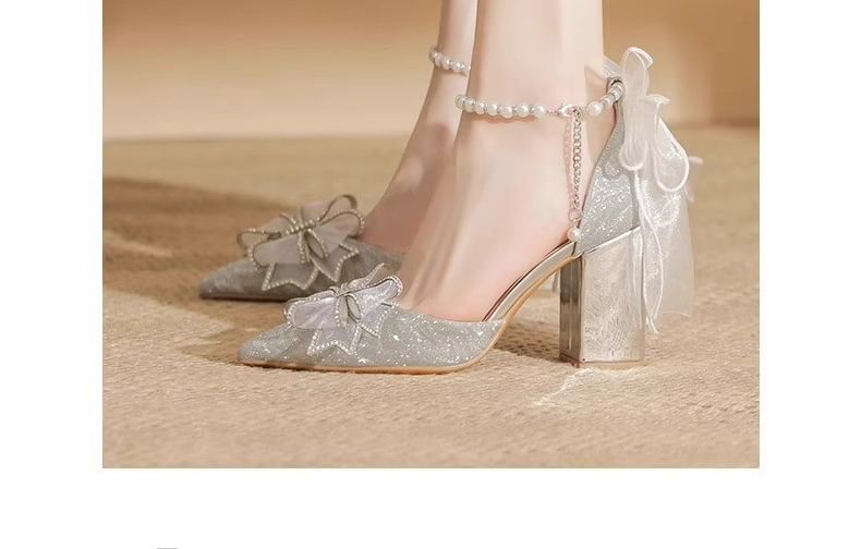 Bow Pointy Heel Glitter Block Sandals