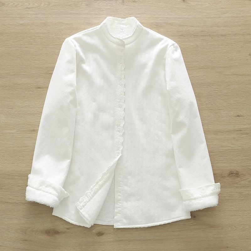 Band Collar Lace-Trim Long-Sleeve Shirt