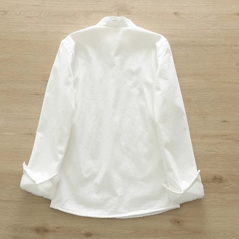 Band Collar Lace-Trim Long-Sleeve Shirt