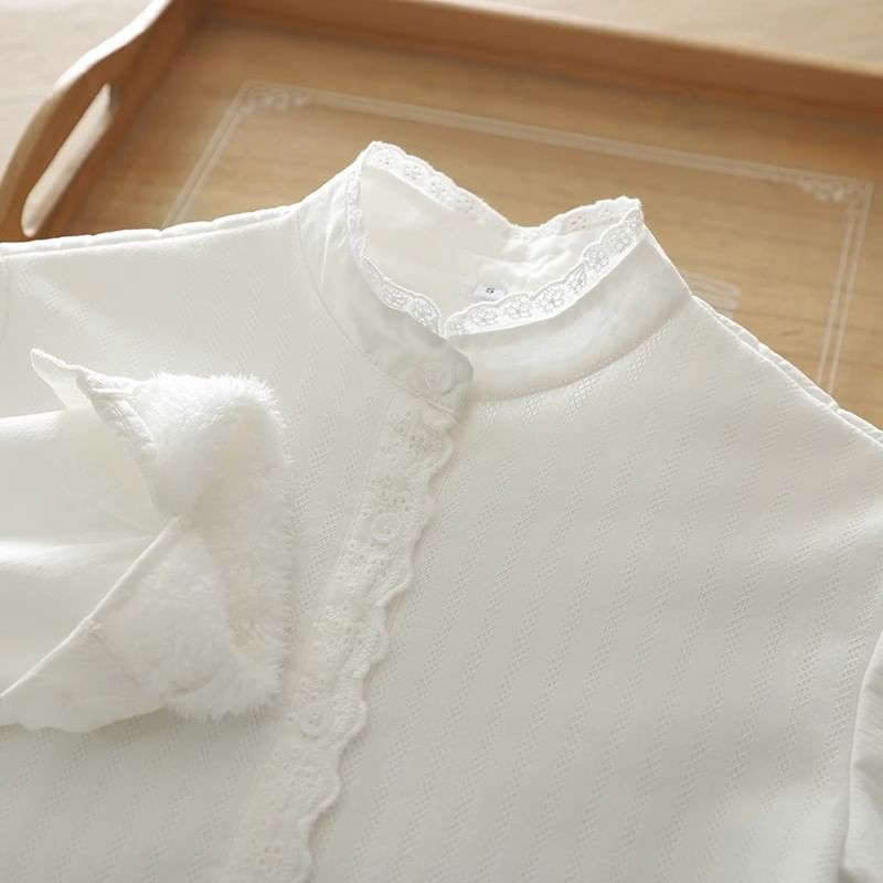 Band Collar Lace-Trim Long-Sleeve Shirt