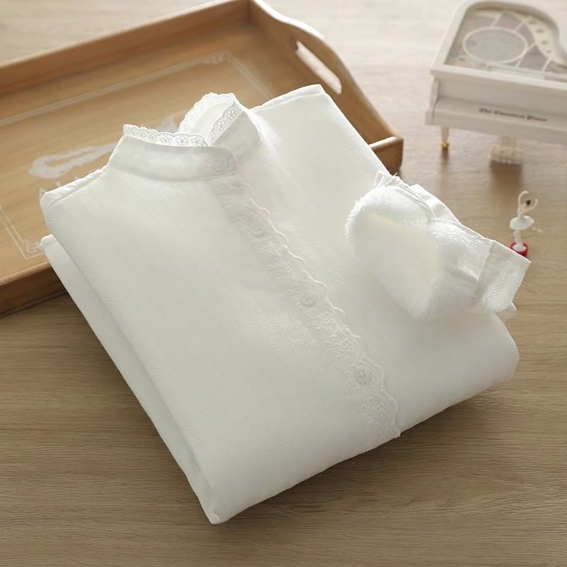 Band Collar Lace-Trim Long-Sleeve Shirt