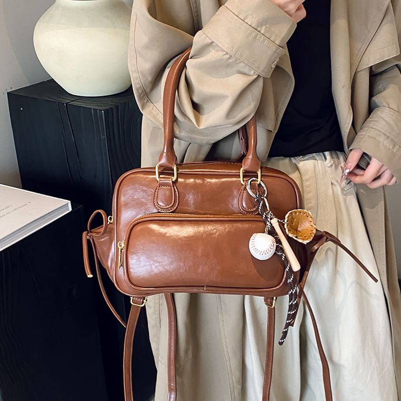 / Leather Bag Set Backpack Charm Plain Bow Accent Faux