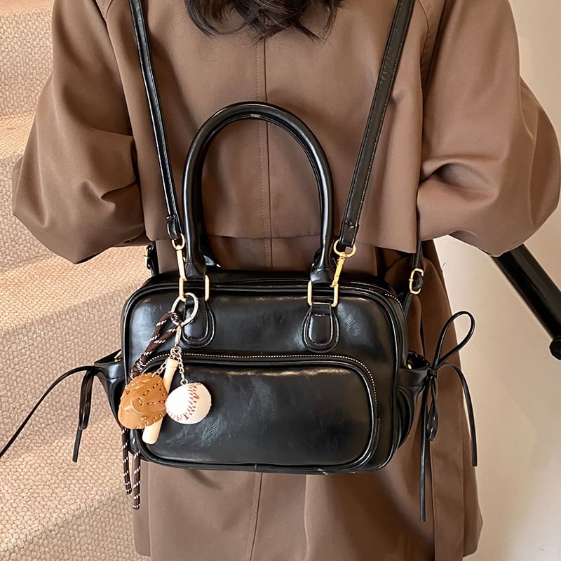 / Leather Bag Set Backpack Charm Plain Bow Accent Faux