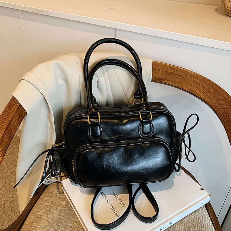 / Leather Bag Set Backpack Charm Plain Bow Accent Faux