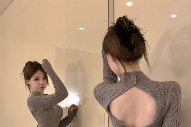 Sheath Dress Neck Back Cable Mini Open Knit Mock Long-Sleeve
