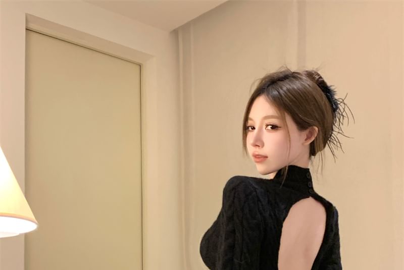 Sheath Dress Neck Back Cable Mini Open Knit Mock Long-Sleeve