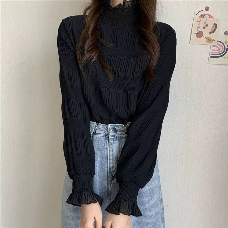 Frill-Trimmed Mock Neck Lace Blouse
