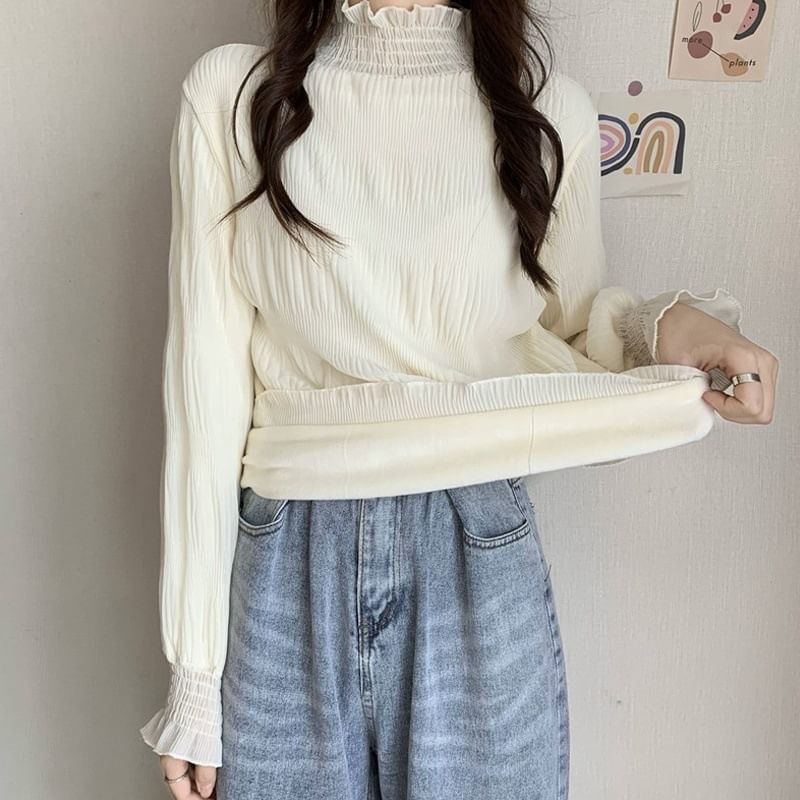 Frill-Trimmed Mock Neck Lace Blouse