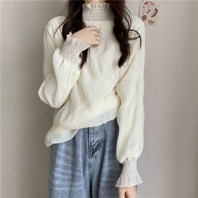 Frill-Trimmed Mock Neck Lace Blouse