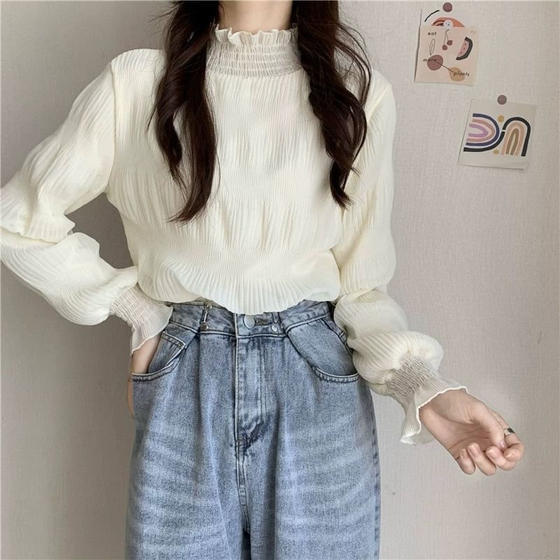 Frill-Trimmed Mock Neck Lace Blouse