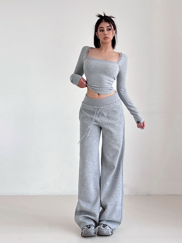 Square Neck Lace-Trim Cropped Tee