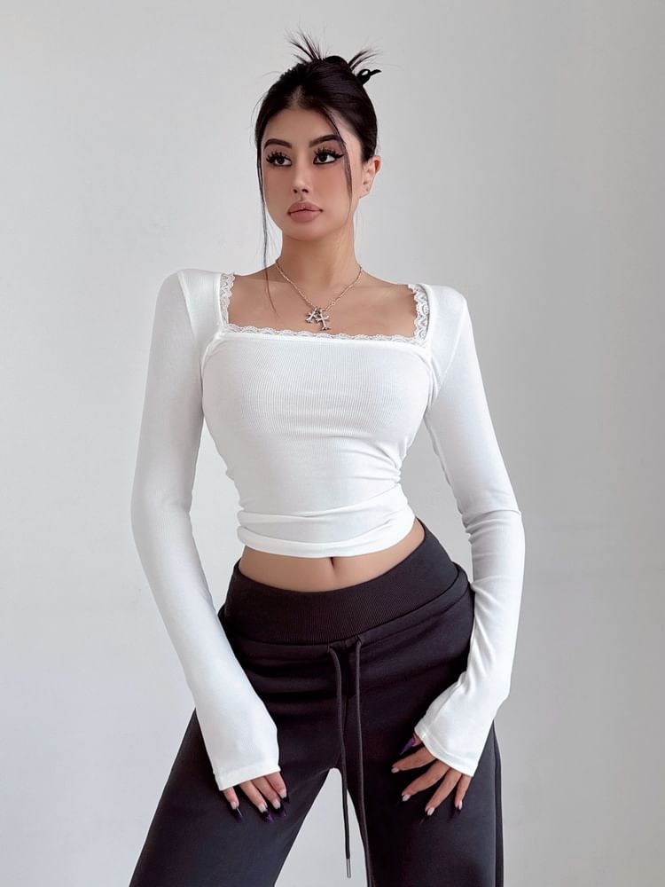 Square Neck Lace-Trim Cropped Tee