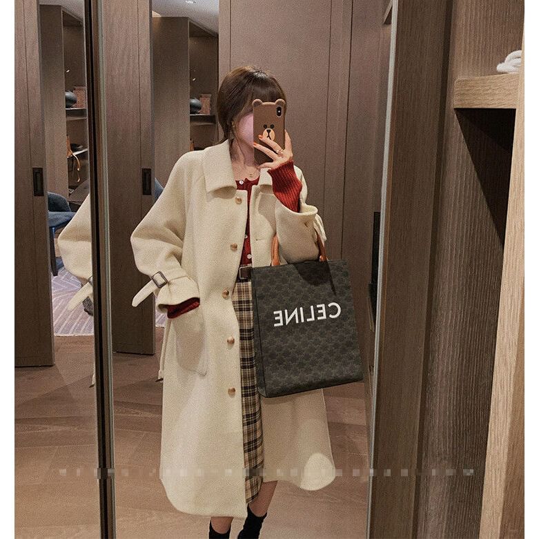 Plain Tie Waist Midi Single-Breasted Coat