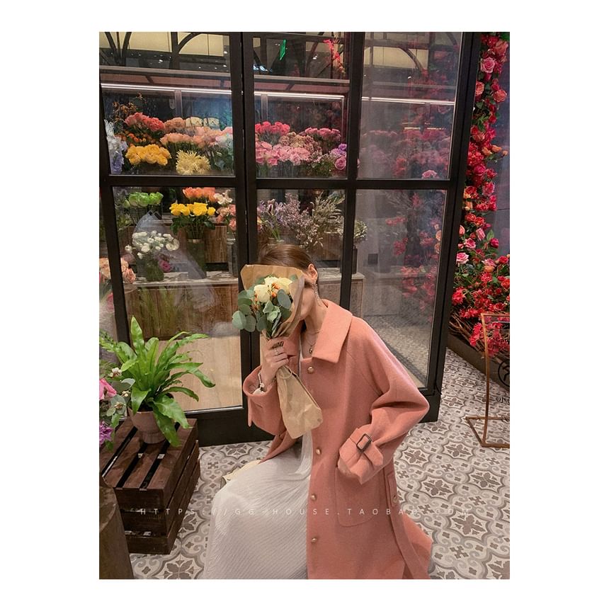 Plain Tie Waist Midi Single-Breasted Coat