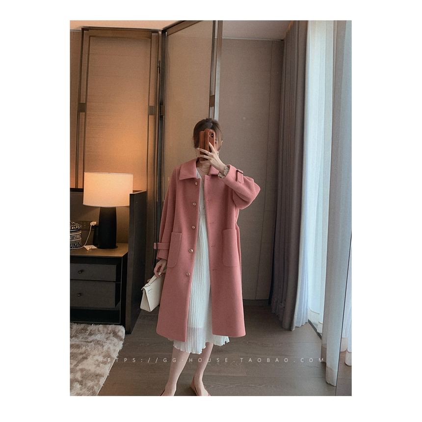 Plain Tie Waist Midi Single-Breasted Coat