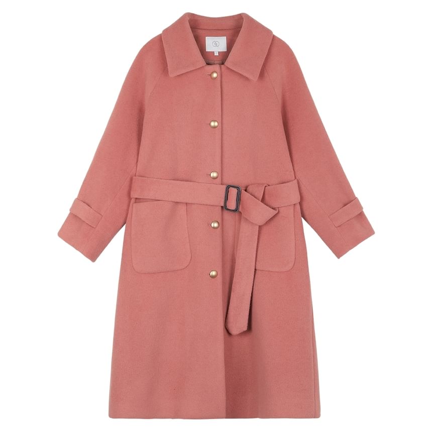 Plain Tie Waist Midi Single-Breasted Coat