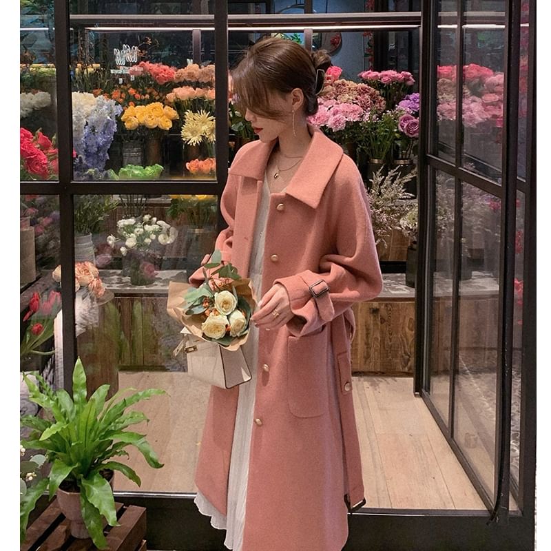Plain Tie Waist Midi Single-Breasted Coat