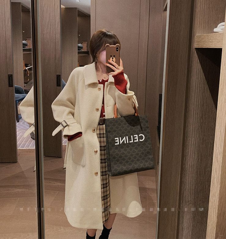 Plain Tie Waist Midi Single-Breasted Coat